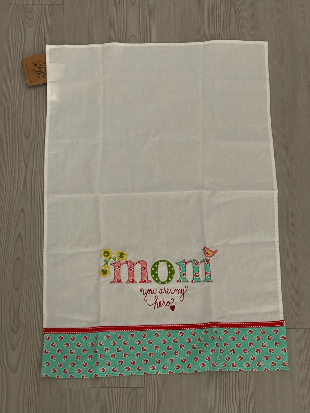 Mom Embroidered Cotton Tea Towel - White and Aqua